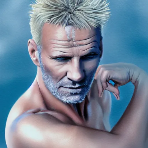 Image similar to very beautiful pastel art of Sting from The Police, full body, spiky blonde hair, blue eyes, full round face, handsome jaw, hairy arms, serene beach setting, cinematic lightning, arms facing the viewer, medium shot, mid-shot, highly detailed, trending on artstation, Unreal Engine 4k, cinematic wallpaper by Stanley Artgerm Lau, WLOP, Rossdraws, James Jean, Andrei Riabovitchev, Marc Simonetti, and Sakimichan-C 9.0