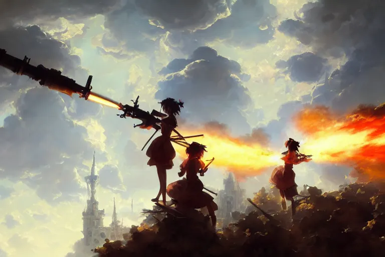 Image similar to baroque oil painting of anime key visual concept art of anime maids using artillery firing at enemy lines, smoke debris, grimdark steampunk fantasy, pleasant battlefield, trending on artstation, brush strokes, oil on canvas, style of makoto shinkai and greg rutkowski and studio ghibli