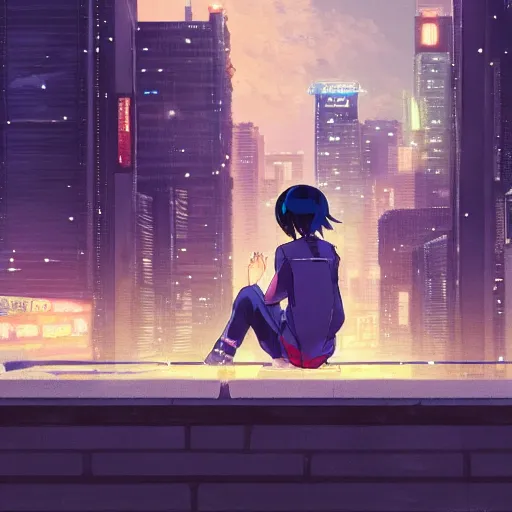 Prompt: beautiful anime painting of a woman with dark - blue hair sitting on a rooftop in a cyberpunk city, nighttime, by makoto shinkai, kimi no na wa, artstation, atmospheric, high detail