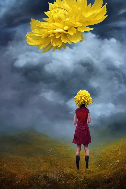 Image similar to closeup girl with huge yellow dahlia flower face, intricate, standing on mountain, surreal photography, blue storm clouds, dramatic light, impressionist painting, digital painting, artstation, simon stalenhag