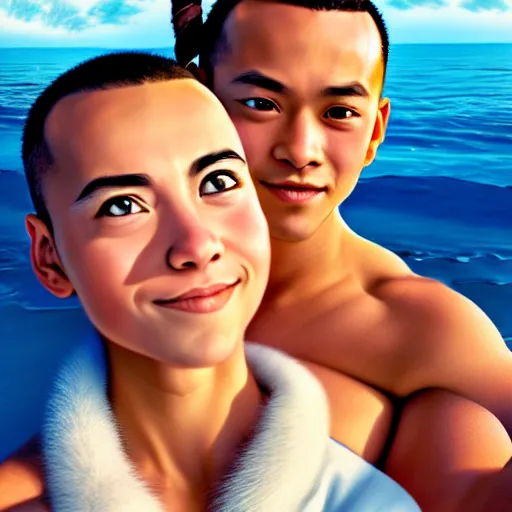 Image similar to beautiful serene intricate photograph of sokka and suki taking a selfie, smiling softly, relaxing on the beach, golden hour, soft focus, 8 k, art by irakli nadar, hyperrealism, hyperdetailed, ultra realistic