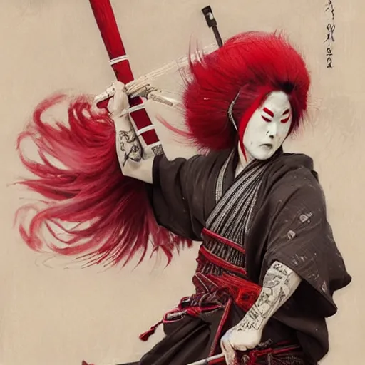 Image similar to an epic portrait of insane kabuki male wielding a spear and doing the nirami covered in a magical mist of insanity, intricate hakama, poofy red wig, eerie, highly detailed, dark fantasy, art by artgerm and greg rutkowski