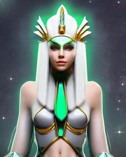 Image similar to perfect white haired attractive egyptian goddess with green eyes, warframe armor, pharaoh headdress, beautiful, symmetric, dreamy, half asian, pretty face, charlize theron, detailed, scifi platform, laboratory, experiment, 4 k, ultra realistic, epic lighting, android body, illuminated, cinematic, masterpiece, art by akihito tsukushi, voidstar