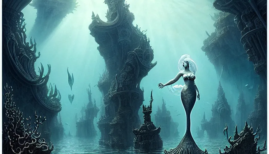 Image similar to a graceful beautiful mermaid looking at the sunken city of Atlantis deep under water, stunning undersea intricate detailed grand architecture in the style of Joe Fenton, art style by Greg Rutkowski and Mohrbacher and Gerald Brom and H. R. Giger, deep underwater scene, dark and moody, rays of sunlight, faint volumetric god rays, grim crushing atmosphere, trending on artstation, masterpiece, claustrophobic, dizzy, sharp focus, 8k octane beautifully detailed render, post-processing, extremely hyperdetailed, intricate, epic composition, grim yet sparkling atmosphere, cinematic lighting + masterpiece, trending on artstation, very detailed, Art Nouveau