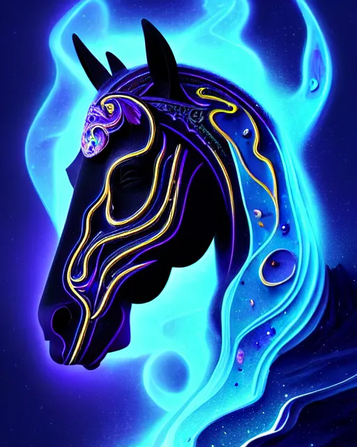 Image similar to 3 d ornate carved dark cosmic horse with profile portrait, sigma 5 0 0 mm f / 5. beautiful intricate highly detailed horse skull. bioluminescent, plasma, lava, ice, water, wind, creature, thunderstorm! artwork by tooth wu and wlop and beeple and greg rutkowski, 8 k trending on artstation