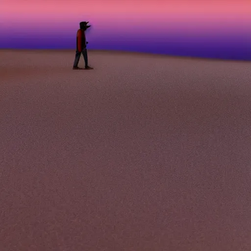 Prompt: a man with a fish head walking in the desert under a purple sky