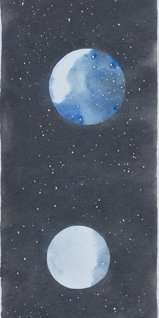 Image similar to traditional oriental water colour of space, liminal, lonely, highly detailed, black ink, moon hovers above