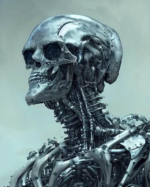 Image similar to skeleton with cybernetic enhancements with some flesh as seen from a distance, scifi character portrait by greg rutkowski, esuthio, craig mullins, 1 / 4 headshot, cinematic lighting, dystopian scifi gear, gloomy, profile picture, mechanical, half robot, implants, solarpunk