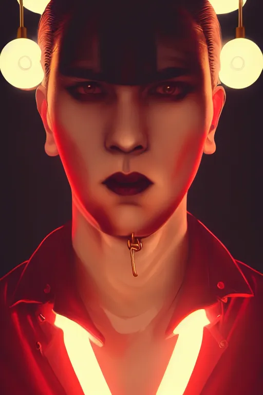 Prompt: 3 / 4 portrait, vampire of clan lasombra, shadows, night, fog, black eyes, leather jacket, red shirt, modern city background, neon signs, gold choker, piercings, artstation, ilya kuvshinov, william bouguereau, rossdraws, greg rutkowski, super detailed, realistic, octane render, volumetric, cinematic