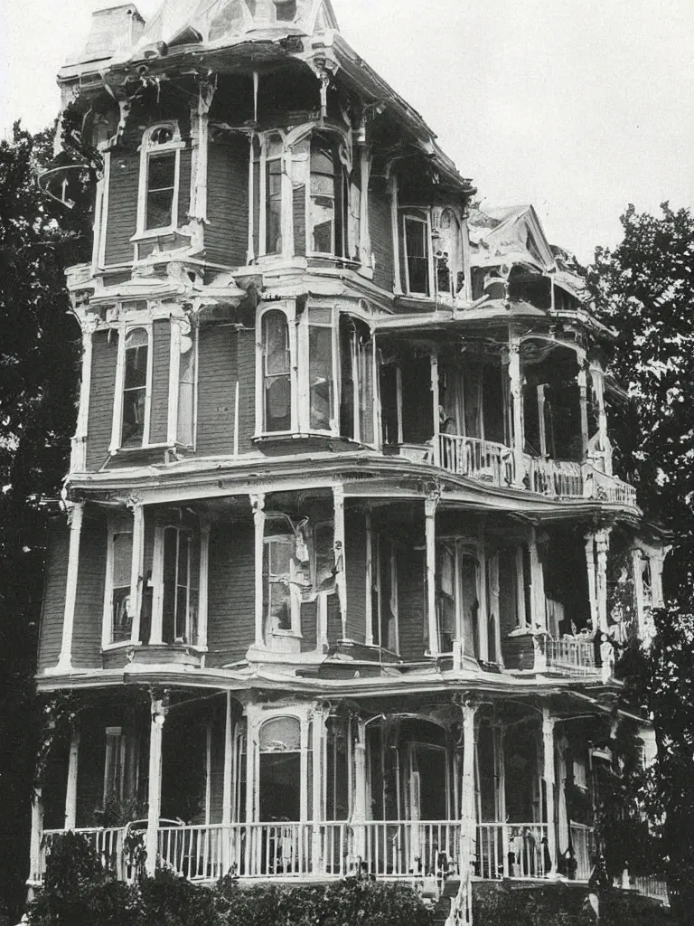 Prompt: 1970s photograph. beautiful exterior view of an old victorian house. a creepy man's face is in the window