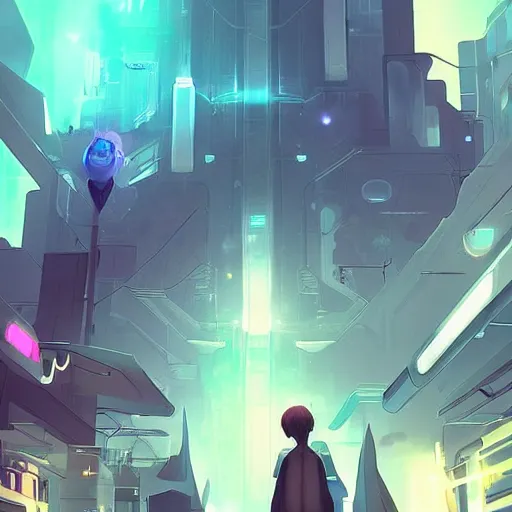 Image similar to stylish colors. Sci-fi cityscape in style of cytus and deemo, mysterious vibes, set in half-life 2, beautiful with eerie vibes, very inspirational, very stylish, surrealistic, perfect digital art, mystical journey in strange world, bastion game