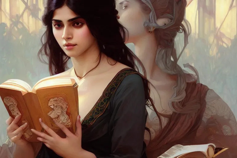 Image similar to sensual good looking pale young bengali girl with soulful eyes reading a novel, portrait, elegant, intricate, digital painting, artstation, concept art, smooth, sharp focus, illustration, art by artgerm and greg rutkowski and alphonse mucha