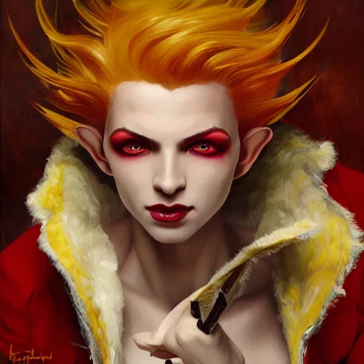 Prompt: a beautiful and androgynous half - elf with almond skin tone and messy short red hair and catlike features with yellow eyes with slit pupils, dressed in a jodhpuri suit, dnd character, golden aura, realistic portrait by ross tran and gerald brom and kehinde wiley and fernando amorsolo, trending on artstation