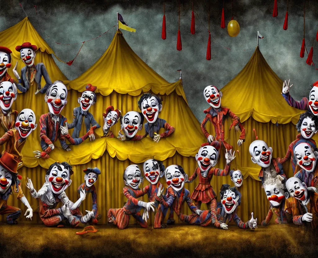 Image similar to dirty - looking clowns with unseemly intentions lining up at the entrance to a suspicious circus tent, disturbing digital painting, high detail