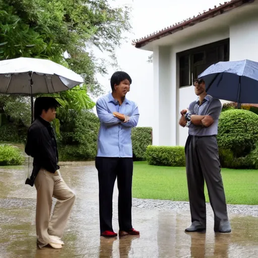 Prompt: One rainy day, a burly asian detective and a asian scientist were talking in front of a villa.