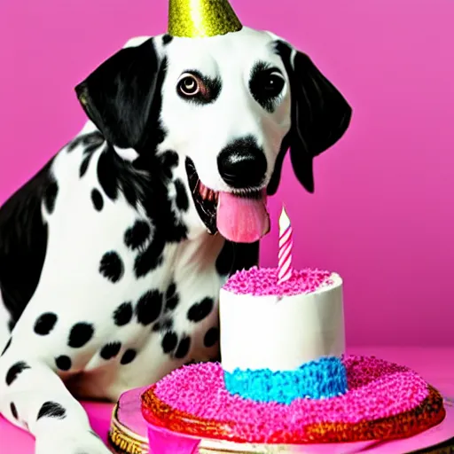 Image similar to photo of dalmatian dog with a birthday cake,