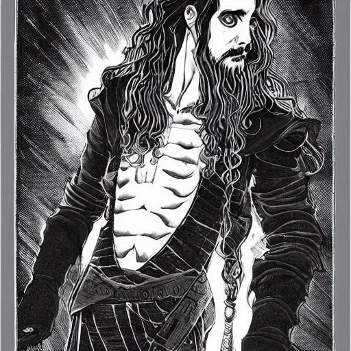 Image similar to pen and ink!!!! attractive 22 year old deus ex Frank Zappa x Jared Leto golden Vagabond!!!! magic swordsman!!!! glides through a beautiful battlefield magic the gathering dramatic esoteric!!!!!! pen and ink!!!!! illustrated in high detail!!!!!!!! by Hiroya Oku!!!!!!!!! Written by Wes Anderson graphic novel published on shonen jump MTG!!! 2049 award winning!!!! full body portrait!!!!! action exposition manga panel