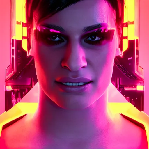 Image similar to lea michele portrait, cyberpunk 2 0 7 7, cyberpunk judy alvarez, photorealistic, ultra detailed, neon, octane, bokeh, cinematic lighting, cyber, cyberpunk city, studio quality, feature, scars, cyberface, 8 k