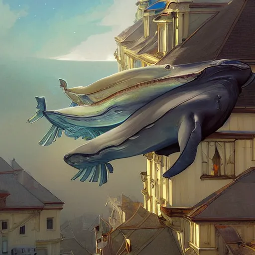 Image similar to Whales in the sky over the rooftops, highly detailed, digital painting, artstation, illustration, art by artgerm and greg rutkowski and alphonse mucha