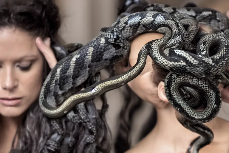 Image similar to Medusa having her snakes styled at the salon. Highly detailed, 8k resolution, ultrarealistic