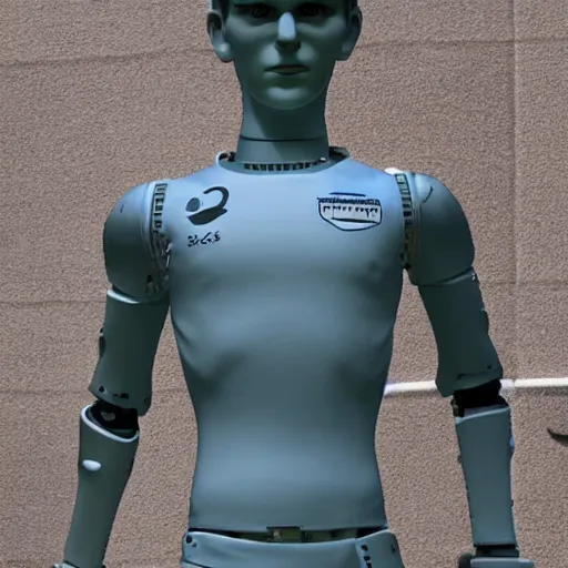 Image similar to a realistic detailed photo of a guy who is an attractive humanoid who is half robot and half humanoid, who is a male android, soccer player martin ødegaard, shiny skin, posing like a statue, blank stare, by the pool, on display, showing off his muscles, humanoid robot, frozen ice statue