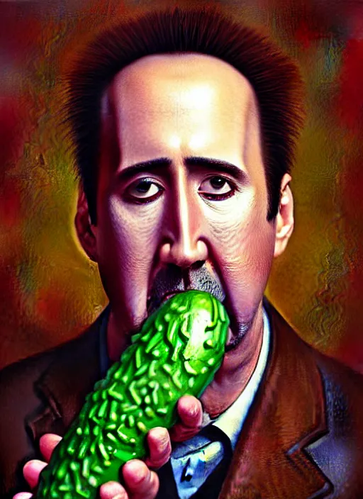 Prompt: hyper detailed 3d render like an Oil painting - Portrait of nicholas cage as an anthropomorphic pickle by Jacek Yerka, Mariusz Lewandowski, Houdini algorithmic generative render, Abstract brush strokes, Masterpiece, Edward Hopper and James Gilleard, Zdzislaw Beksinski, Mark Ryden, Wolfgang Lettl, hints of Yayoi Kasuma, octane render, 8k