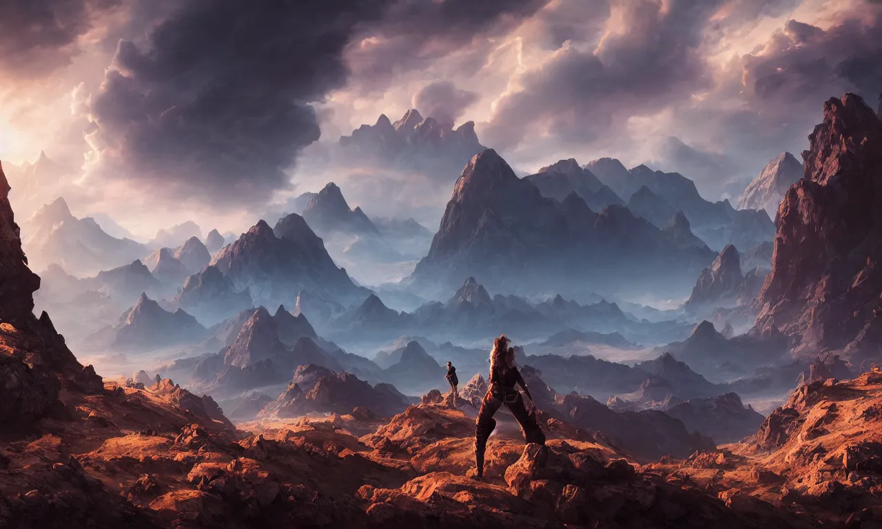 Image similar to vulcanic planet with mountains in clouds on the background, heroine adventurer in foreground, cinematic lighting, cinematic angle, Guillem H. Pongiluppi, Sviatoslav Gerasimchuk, Federico Pelat, dusk