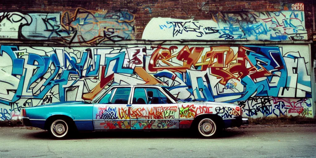 Image similar to bronx, gang in the 7 0 s car, closeup graffiti on the wall, coloured film photography, 3 5 mm film, bruce davidson photography, willy spiller photography