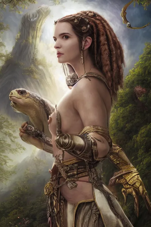 Image similar to A fantasy book style portrait painting of the Great Turtle Island at the center of the Universe, accompanied by a hybrid, Anya_Taylor-Joy, Cory Chase, Eva Green, as a Mystical Valkyrie, Anubis-Reptilian, Atlantean Warrior, François Boucher, Oil Painting, unreal 5, DAZ, hyperrealistic, octane render, Regal, Refined, Detailed Digital Art, RPG portrait, Walt Disney (1937), William-Adolphe Bouguereau, Michael Cheval, Steampunk, Volumetric Golden dappled dynamic lighting, Highly Detailed, Cinematic Lighting, Unreal Engine, 8k, HD