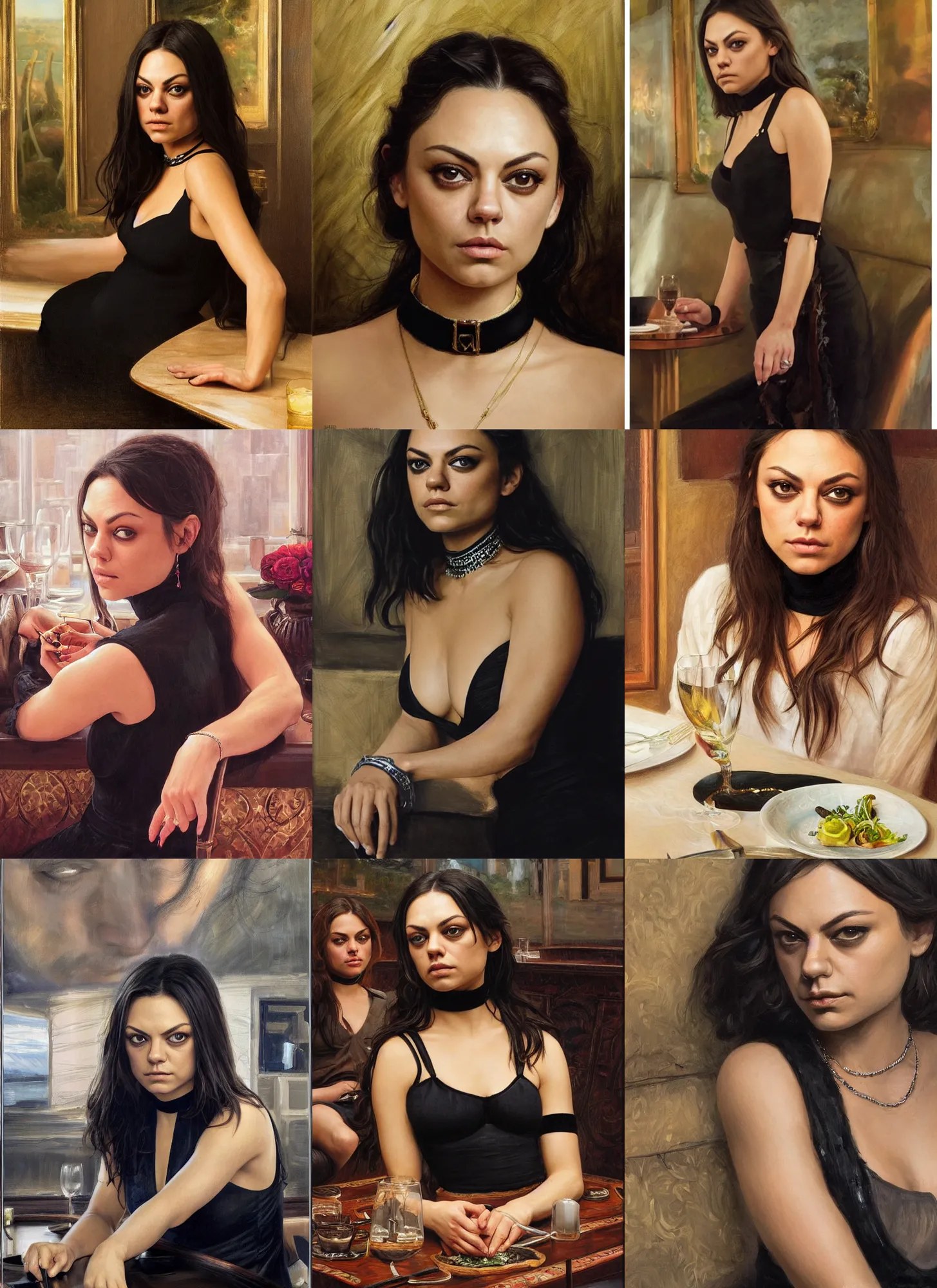 Image similar to mila kunis sitting across the camera wearing a black choker staring into the camera in an expensive restaurant, point of view, intricate, elegant, tasteful, highly detailed, shallow depth of field, artgerm, donato giancola, joseph christian leyendecker