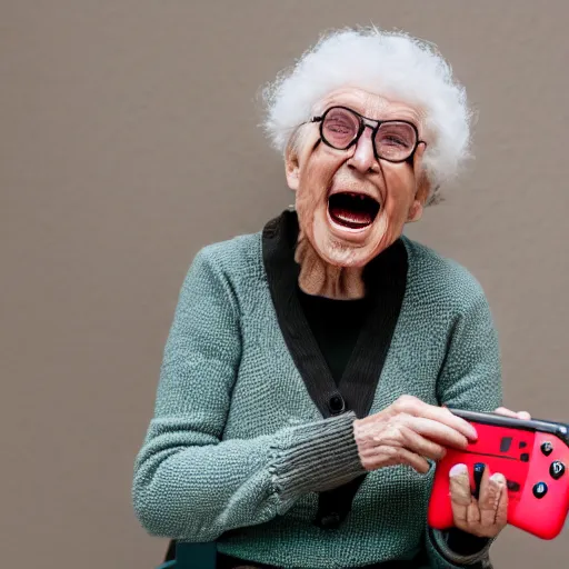 Image similar to elderly woman screaming at a nintendo switch, canon eos r 3, f / 1. 4, iso 2 0 0, 1 / 1 6 0 s, 8 k, raw, unedited, symmetrical balance, wide angle