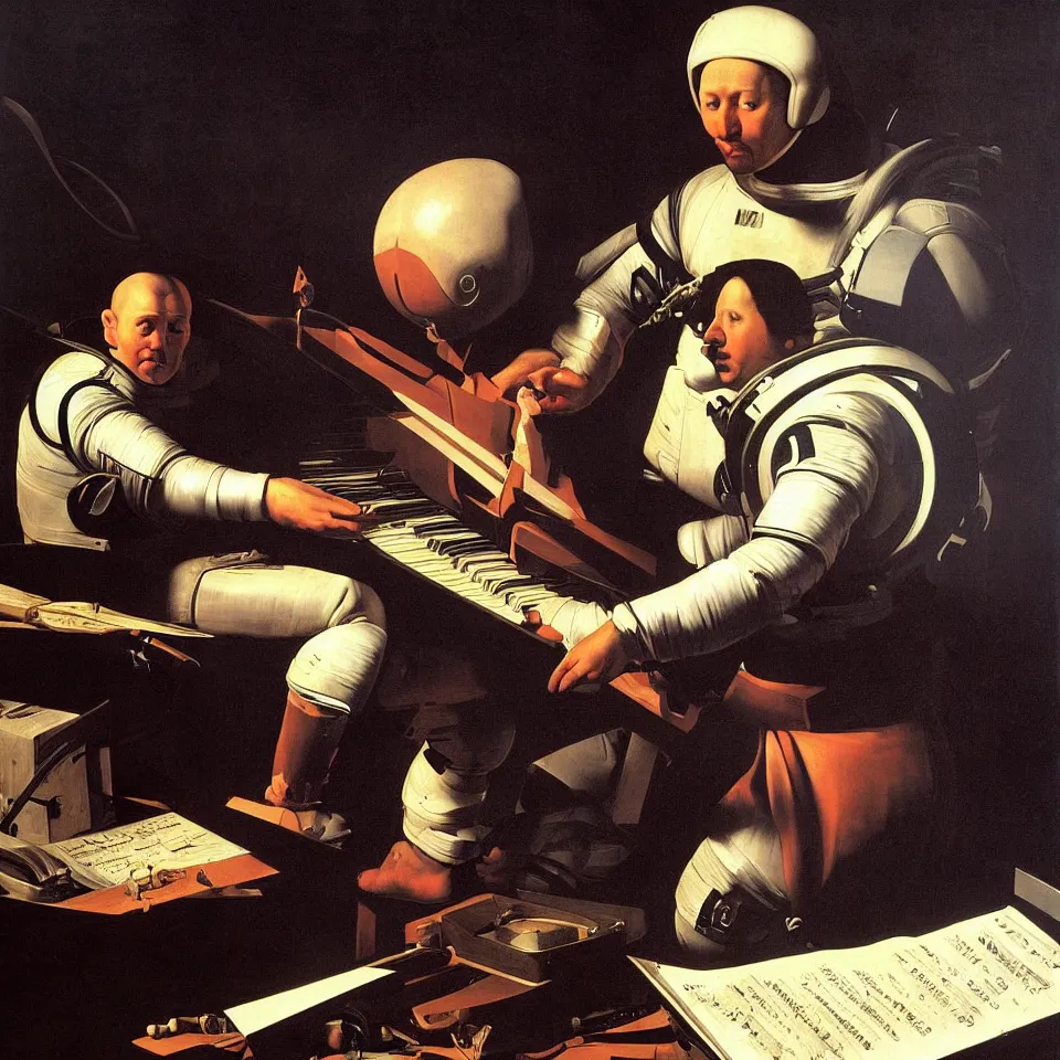 Image similar to an astronaut playing a keyboard by caravaggio, dynamic lighting, cinematic, epic composition, masterpiece