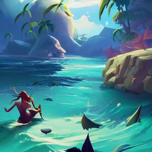 Image similar to painting mermaid treasure on sea of thieves game avatar hero smooth face median photoshop filter cutout vector, behance hd by jesper ejsing, by rhads, makoto shinkai and lois van baarle, ilya kuvshinov, rossdraws global illumination