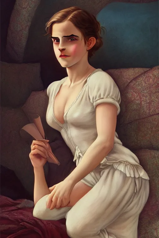 Image similar to Emma Watson in pajamas for sleep, medium shot, intricate, elegant, highly detailed, digital painting, volumetric light, artstation, concept art, smooth, sharp focus, illustration, art by Gil Elvgren and Greg Rutkowski and Alphonse Mucha, 8K