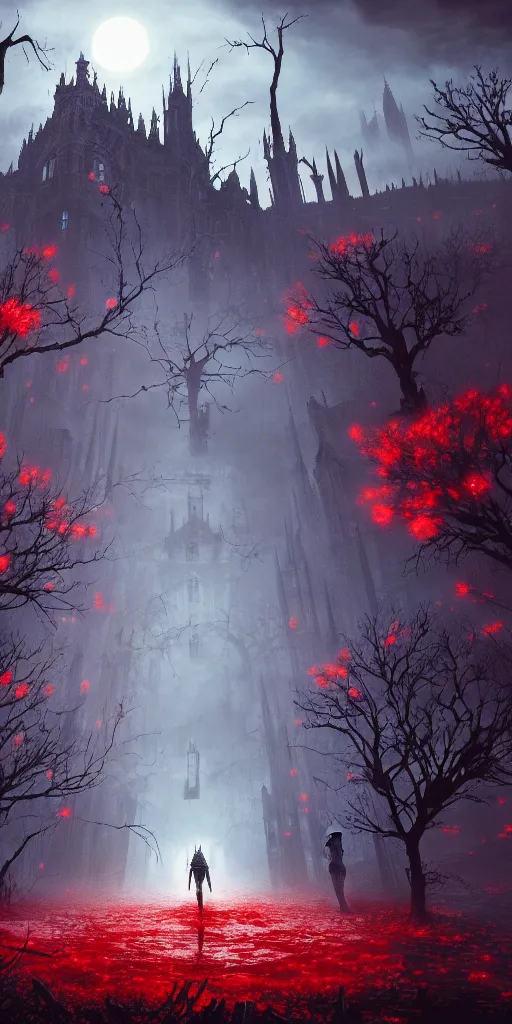 Image similar to abandoned bloodborne old valley with a person at the centre and a ruined gothic city at the end, trees and stars in the background, falling red petals, epic red - orange moonlight, perfect lightning, wallpaper illustration by niko delort and kentaro miura, 4 k, ultra realistic