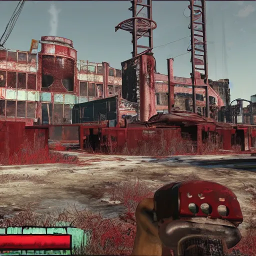 Prompt: nuka cola bottling plant, atlanta in ruins post - nuclear war in fallout 4, in game screenshot