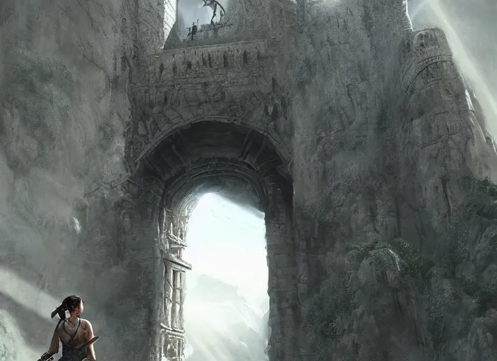 Prompt: face portrait of amazed Lara Croft entering the large Minas Tirith gate, sun beams, intricate, elegant, highly detailed, centered, digital painting, artstation, concept art, smooth, sharp focus, illustration, Allan Lee, John Howe