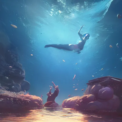 Image similar to underwater, submerged. cgsociety masterpiece, artstation trending, by rossdraws, ghibli, kimi no na wa, greg rutkowski, simon stalberg, greg manchess