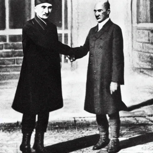 Prompt: enver pasha and ataturk shaking hands, anime style