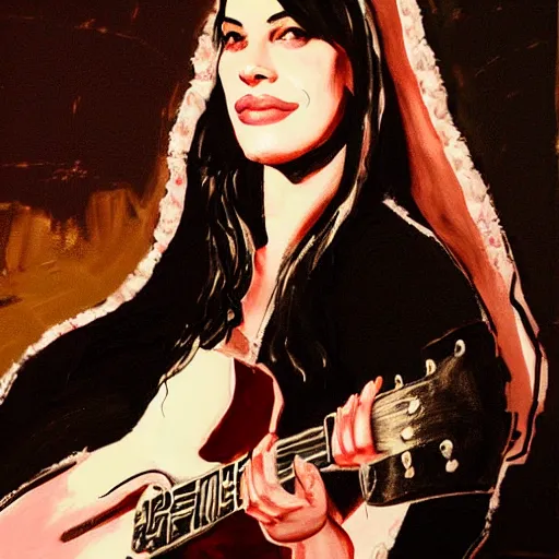 Prompt: a portrait of liv tyler playing guitar by steven taylor