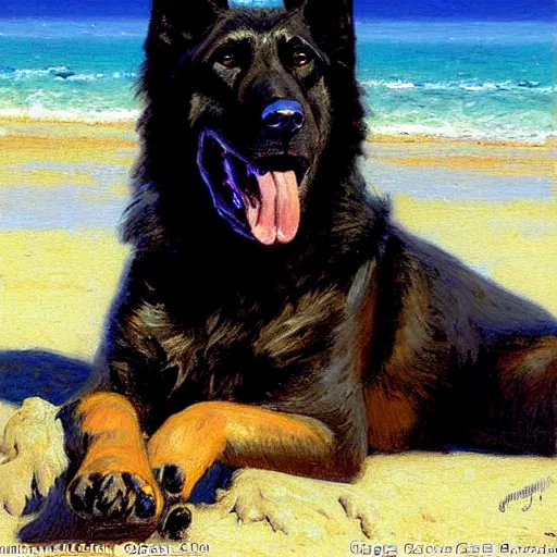 Image similar to a portrait of a black german shepard dogman canine lying at the beach in a swimsuit. highly detailed painting by gaston bussiere craig mullins jc