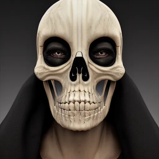 Prompt: an intricate, detailed face of the grim reaper, Ivory skin, dramatic lighting, 8k render, Octane, Photorealism, art nouveau