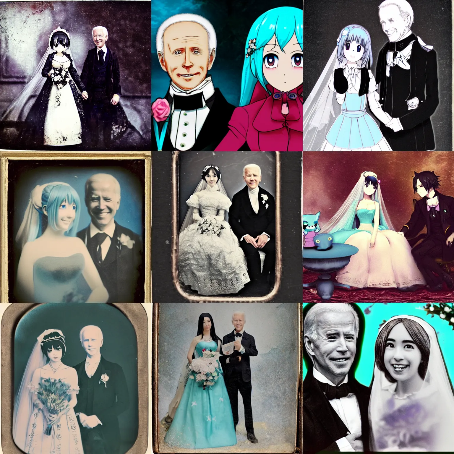 Prompt: daguerreotype of an anime Joe Biden marrying Hatsune Miku