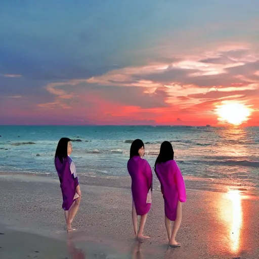 Prompt: beautiful asian girls sleeping on the beach durring sunset in wet kimonos