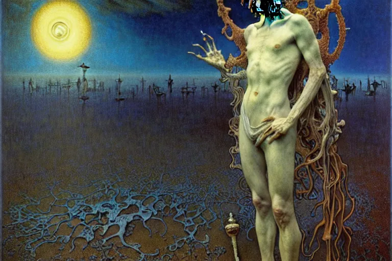 Prompt: realistic detailed portrait painting of a male zombie, nightly graveyard landscape background by Jean Delville, Amano, Yves Tanguy, Alphonse Mucha, Ernst Haeckel, Edward Robert Hughes, Roger Dean, masterpiece, cinematic composition, dramatic pose, 4k details, rich moody colours, blue eyes