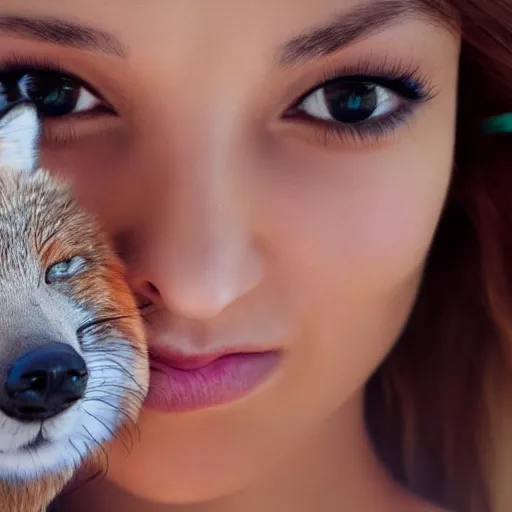 Image similar to woman with fox ears and fox facial features, furry face, close - up, headshot, detailed, symmetric