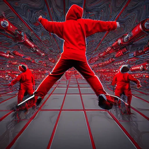 Prompt: man in red hoodie jumping over army of robots, digital art, dynamic, realistic reflections