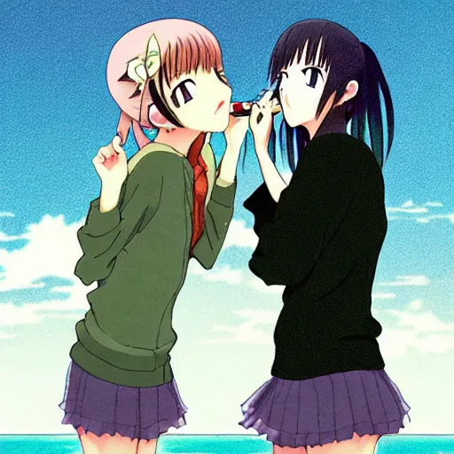 Image similar to two beautiful lesbian girls in love, smoking a hemp cigarette in front of a lake, in the style of anime, pixiv, intricate, elegant, highly detailed, lush, stylized, japanese, smooth