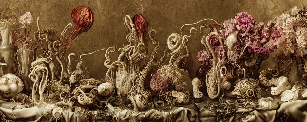 Prompt: ultradetailed reailistic still life with jelly flowers by ernst haeckel, caravaggio, roger dean and andrei tarkovsky, beautiful beige drapes and colourful vases with patterns, lovecraftian horror, tentacles, wide angle, cinematic, rich ethereal colours, octane render, bokeh, unreal engine, 4k 3d render