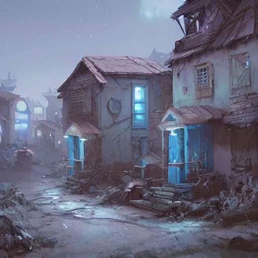 Prompt: smurf village as a ghost town, greg rutkowski, detailed,